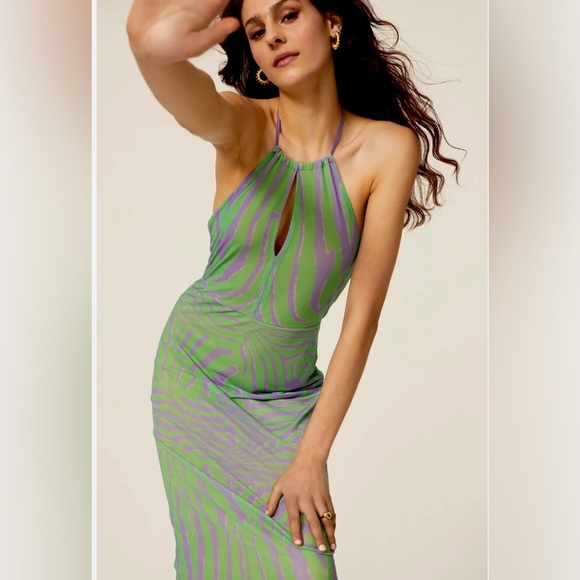 AFRM Kalina Halter Top Dress Green Purple Zebra size medium - Picture 10 of 15